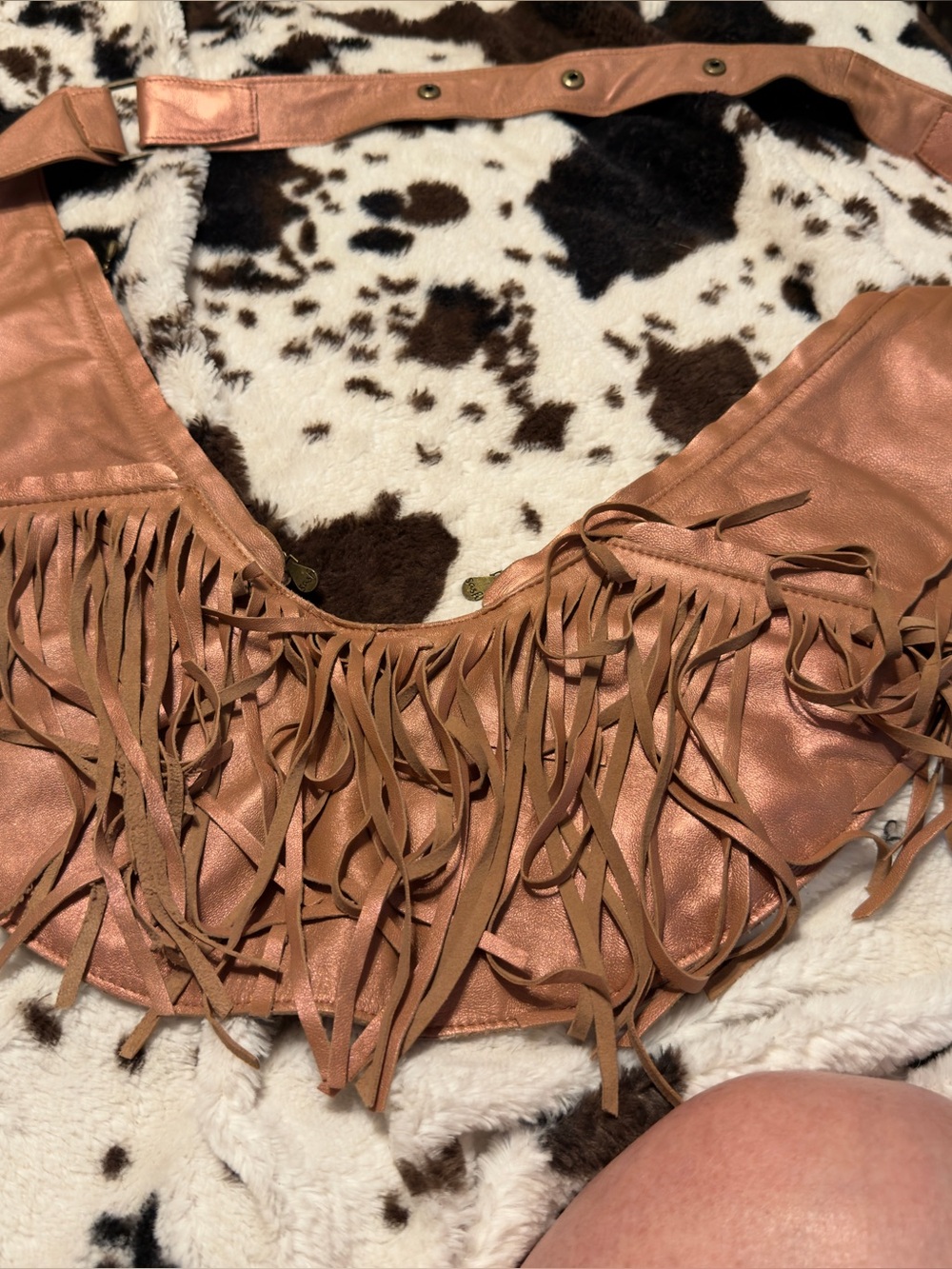 Fringed MetallicLeather Rose Gold Shoulder Bag
